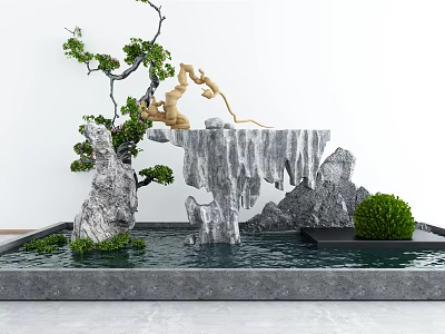 Garden Ornament With Rockery Water Feature Golden Monkey Sculpture Small Tree And Green Shrubs 3d model