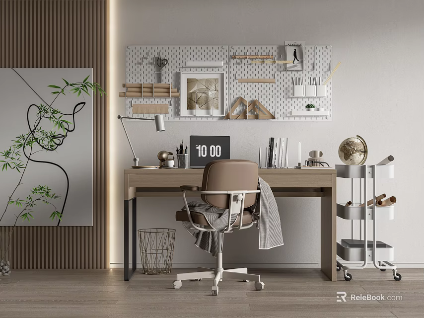 Modern Home Office Desk Setup With Pegboard Lamp Clock Books Chair And Decorations 3d model 