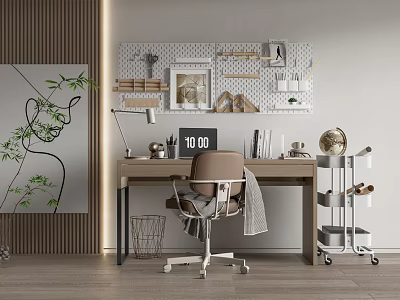 Modern Home Office Desk Setup With Pegboard Lamp Clock Books Chair And Decorations 3d model