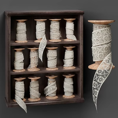 White Lace Spools With Various Intricate Patterns Displayed On Wooden Shelves 3d model