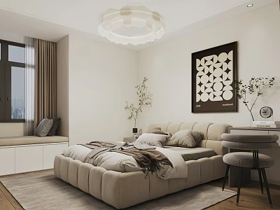 Modern Beige Bedroom with Plush Bed Geometric Wall Art Chandelier and Window Seat Green Plants 3d model