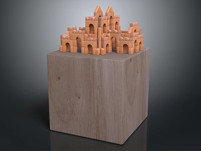 Wooden Architectural Model With Castle Like Arched Structures On Cube Base 3d model