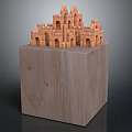 Wooden Architectural Model With Castle Like Arched Structures On Cube Base