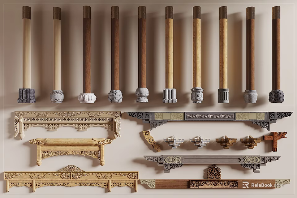 Various Designed Columns With Carved Capitals And Decorative Bases For Traditional Architecture 3d model 