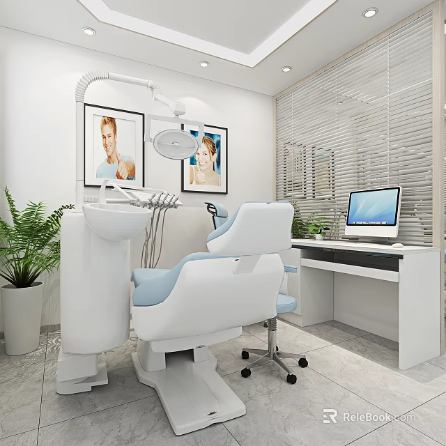 Modern Dental Clinic Interior With Dental Chair Medical Equipment Computer Plants And White Blinds 3d model 