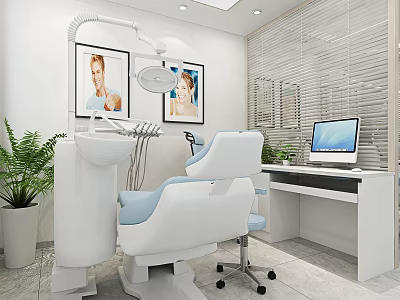 Modern Dental Clinic Interior With Dental Chair Medical Equipment Computer Plants And White Blinds 3d model