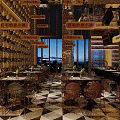 Modern Restaurant Interior With Wine Racks Chandeliers Dining Tables And Warm Lighting