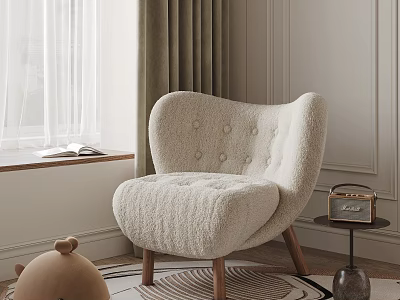 Cozy Plush Accent Chair With Tufted Design Wooden Legs In Living Room With Window Curtains 3d model