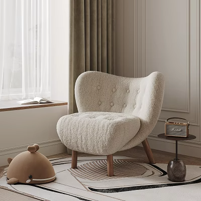 Cozy Plush Accent Chair With Tufted Design Wooden Legs In Living Room With Window Curtains 3d model