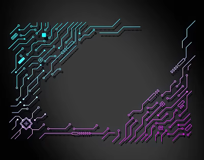 Circuit Board Style Lines With Teal And Purple Colors On Black Background Corner Design 3d model