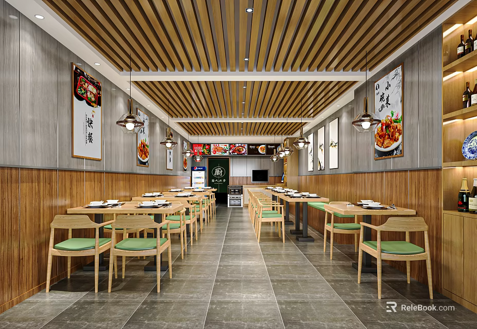 Modern Restaurant Interior With Wooden Ceiling Gray Walls Decorative Paintings And Green Seats 3d model 