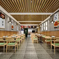 Modern Restaurant Interior With Wooden Ceiling Gray Walls Decorative Paintings And Green Seats