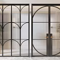 Modern Black Frame Double Doors With Arched Circular Design Transparent Glass And Gold Handles