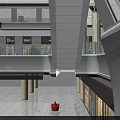 Shopping Mall Atrium with Glass Skylight Ceiling Multiple Escalators Retail Shops and Shoppers