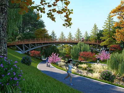 Modern bridge landscape Larch riverbank landscape Ledao willow chicken claw maple thatched grass park 3d model