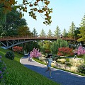 Modern bridge bridge landscape Larch riverbank landscape Ledao willow chicken claw maple thatched grass park 3d model