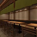Japanese Restaurant Interior With Wooden Structure Long Dining Table And Circular Lattice Window
