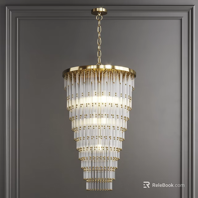Elegant Modern Crystal Chandelier With Gold Canopy And Transparent Crystal Rods Hanging On Gray Wall 3d model 