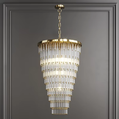 Elegant Modern Crystal Chandelier With Gold Canopy And Transparent Crystal Rods Hanging On Gray Wall 3d model