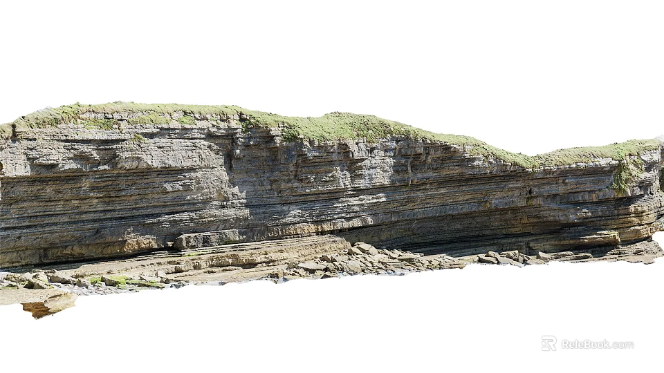 Natural Wood Stone Layered Rock Formation With Grassy Top And Textured Surface 3d model 