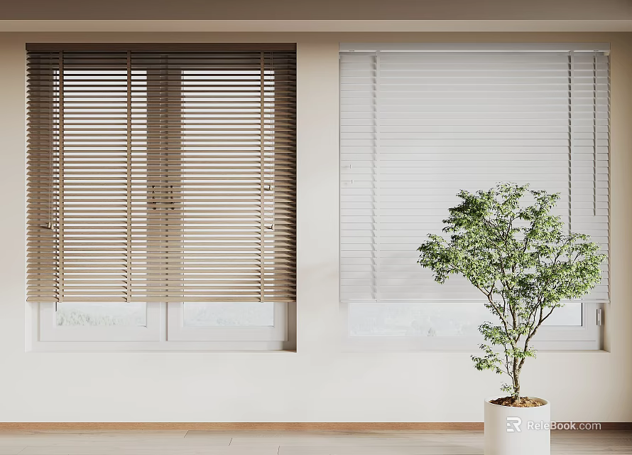 Wooden and White Window Blinds in Light Interior Room with Green Plant Decoration 3d model 