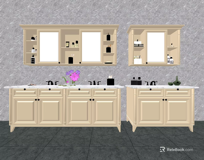 Double Beige Bathroom Vanities With Cabinets Mirrors Gray Wall And Dark Tiles 3d model 