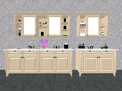 Double Beige Bathroom Vanities With Cabinets Mirrors Gray Wall And Dark Tiles 3d model