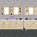 Double Beige Bathroom Vanities With Cabinets Mirrors Gray Wall And Dark Tiles