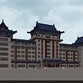 Traditional Ancient Chinese Architecture with Blue Tiled Roofs Red Pillars Overhanging Eaves and White Walls