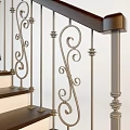 Elegant Staircase with Wooden Steps Ornate Metal Railings and Decorative Scroll Patterns