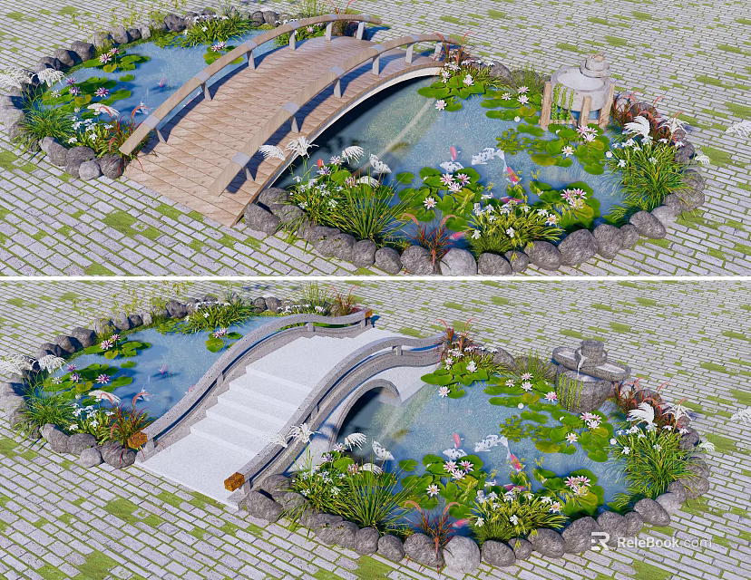 Scenic Landscape Bridge Over Pond With Water Lilies Flowers Stones And Paved Path 3d model 