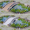 Scenic Landscape Bridge Over Pond With Water Lilies Flowers Stones And Paved Path