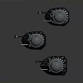 Three Metallic Robot Models With Dome Heads Circular Holes Mechanical Arms And Black Bases