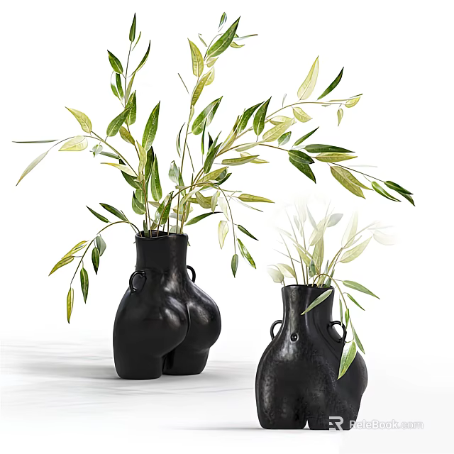 Unique Shaped Black Vases with Green Leaves Displayed on White Background 3d model