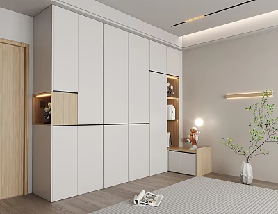 Modern White Wardrobe Design in Bedroom with Sleek Storage Cabinet Minimalist Lighting and Green Plant 3d model