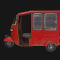 Red Vintage Three Wheeled Motorcycle With Open Door And Classic Cab Design