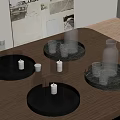 Decorative Metal Trays With Glass Bottles Cups And Candles On Wooden Table