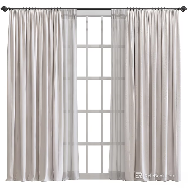 Light Beige Curtains Hanging By White Window Pane With Soft Textured Fabric 3d model 