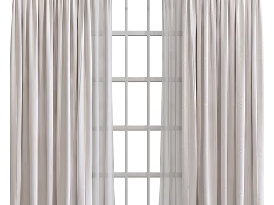 Light Beige Curtains Hanging By White Window Pane With Soft Textured Fabric 3d model