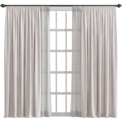 Light Beige Curtains Hanging By White Window Pane With Soft Textured Fabric 3d model