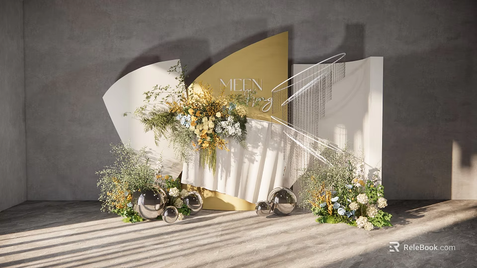 Elegant Banquet Hall With Geometric Backdrops Floral Decorations Silver Spherical Ornaments And NILIN 2024 Signage 3d model 