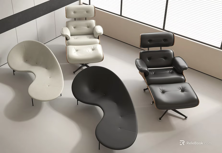 Modern White and Black Lounge Chairs with Ergonomic Design and Sleek Lines 3d model 