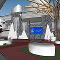 Modern School Lobby With Stone Wall Green Plants Wooden Beams And Large Screen