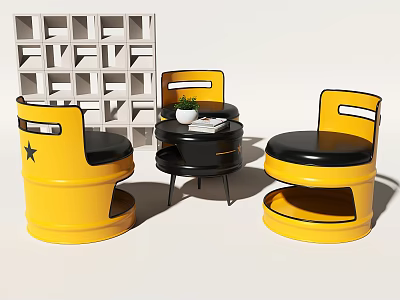 Yellow Barrel Chairs With Black Seats Round Table Set With Star Plant And Books 3d model