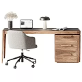 Modern Wooden Desk With Laptop Table Lamp Vase Magazine And Gray Office Chair