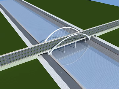 Modern Arch Bridge Structure Over Waterway With Road And Green Area 3d model