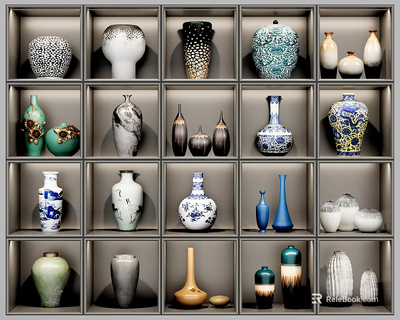 Diverse Ceramic Vessels on Grid Shelves with Various Colors Patterns Assorted Shapes and Vases Jars 3d model 