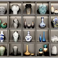 Diverse Ceramic Vessels on Grid Shelves with Various Colors Patterns Assorted Shapes and Vases Jars