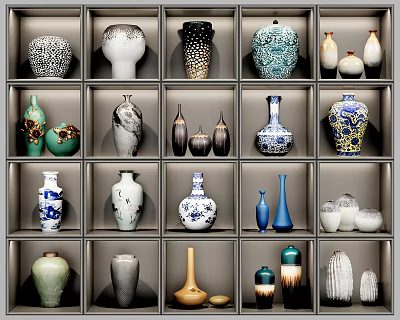 Diverse Ceramic Vessels on Grid Shelves with Various Colors Patterns Assorted Shapes and Vases Jars 3d model
