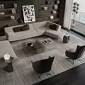 Modern L-shaped Sofa and Glass Coffee Table Set in Living Room with Dark Accent Chairs